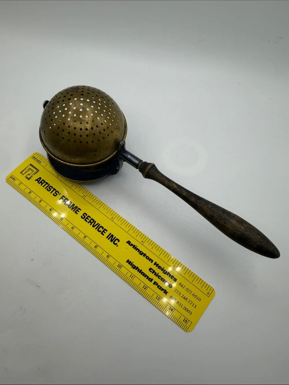 Vintage Brass Tea Strainer with Swivel Drip Cup & Wood Handle